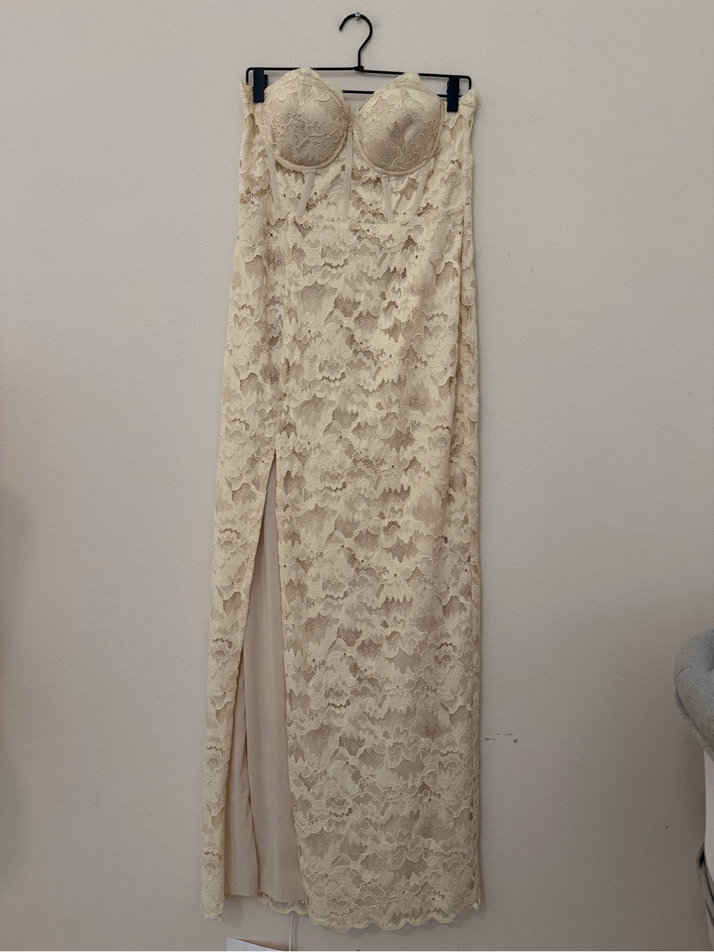 Lovers + Friends Ivory Lace Floor Length Navarro Dress Gown Size L Strapless